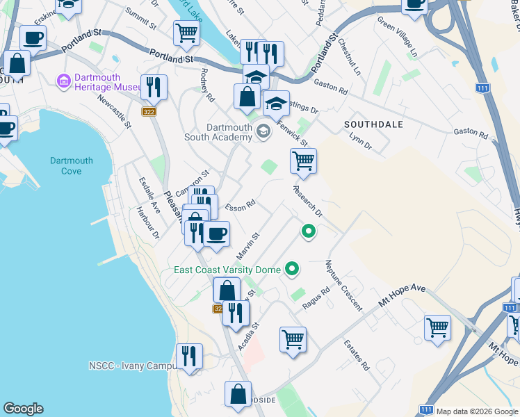 map of restaurants, bars, coffee shops, grocery stores, and more near 2 Randall Street in Dartmouth