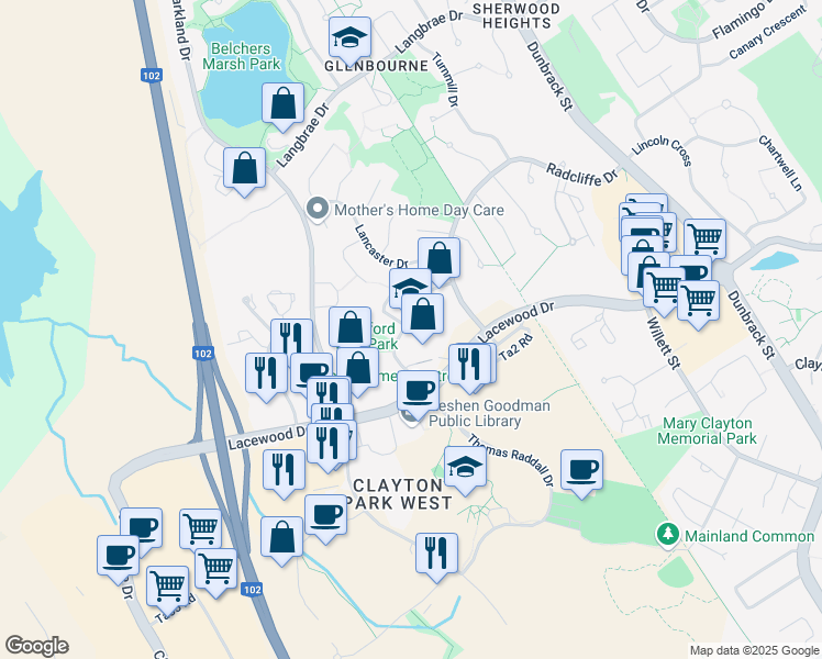 map of restaurants, bars, coffee shops, grocery stores, and more near 62 Stratford Way in Halifax