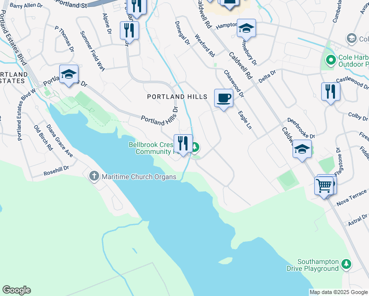 map of restaurants, bars, coffee shops, grocery stores, and more near 74 Bellbrook Crescent in Dartmouth