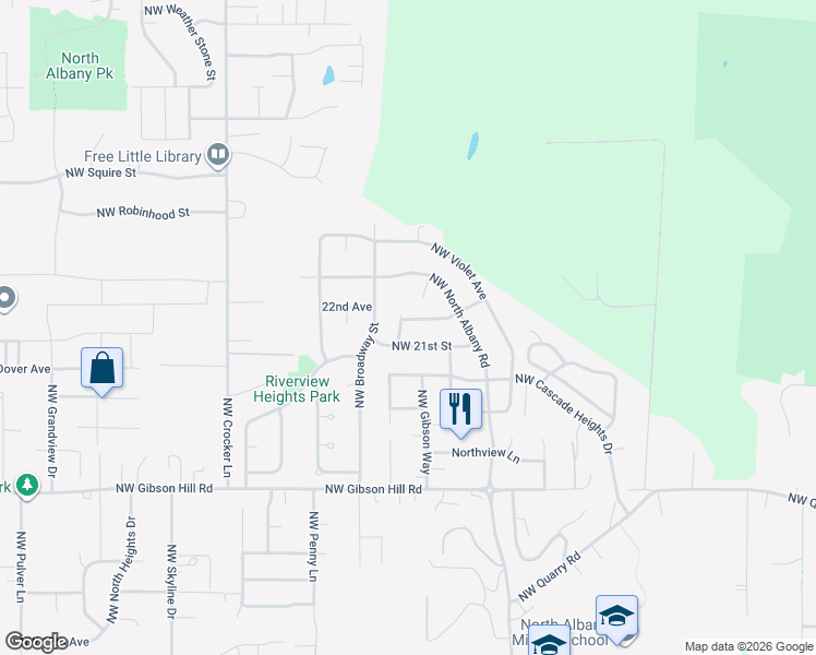 map of restaurants, bars, coffee shops, grocery stores, and more near 2245 Northwest Park Terrace in Albany