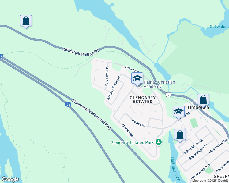 map of restaurants, bars, coffee shops, grocery stores, and more near 115 Timberlea Crescent in Timberlea