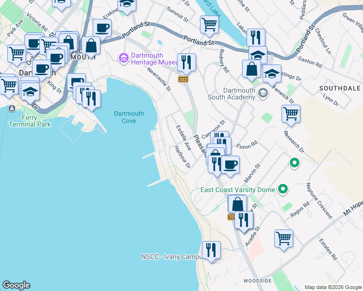 map of restaurants, bars, coffee shops, grocery stores, and more near 9 Tupper Street in Dartmouth