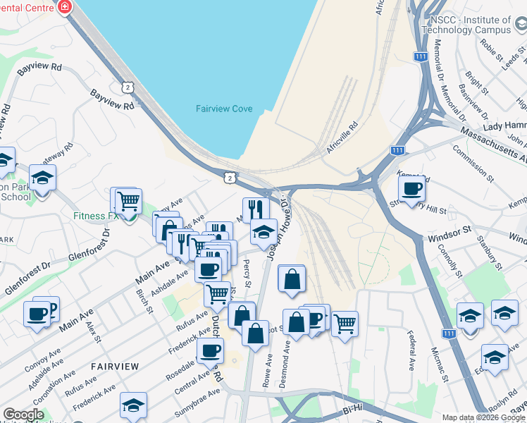 map of restaurants, bars, coffee shops, grocery stores, and more near 29 Mcfatridge Road in Halifax