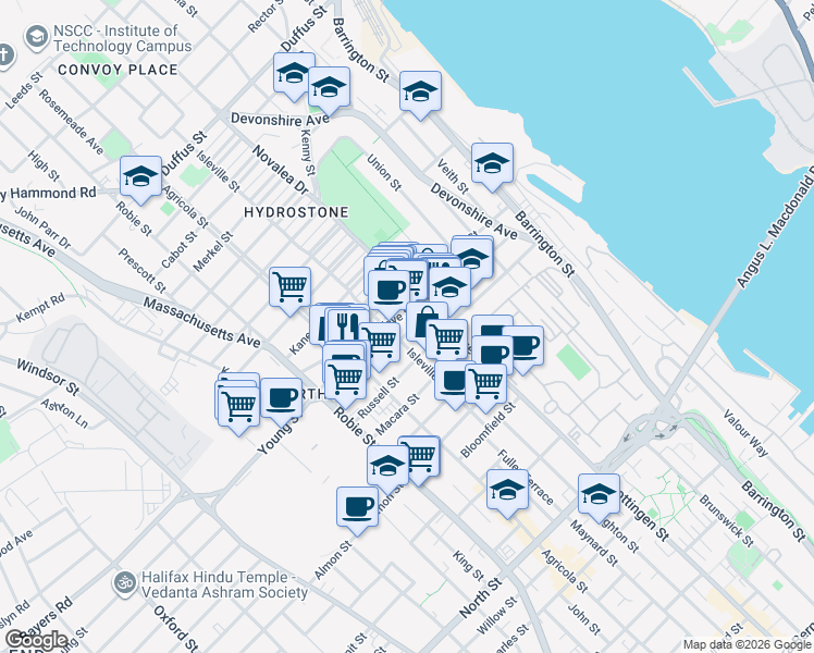 map of restaurants, bars, coffee shops, grocery stores, and more near 5543 Sullivan Street in Halifax