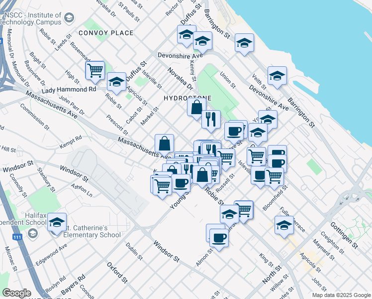 map of restaurants, bars, coffee shops, grocery stores, and more near 5856 Livingstone Street in Halifax
