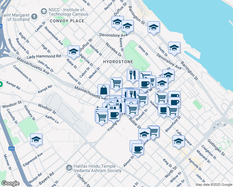 map of restaurants, bars, coffee shops, grocery stores, and more near 5875A Kane Street in Halifax