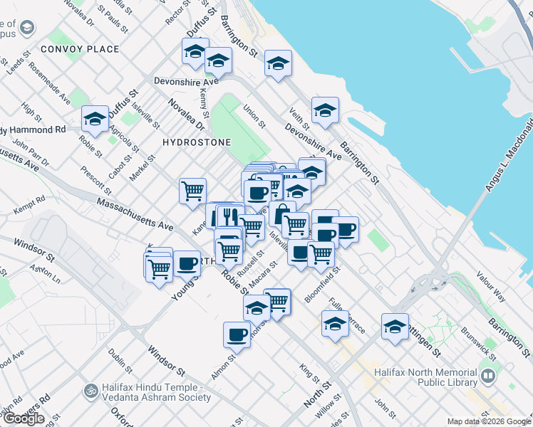 map of restaurants, bars, coffee shops, grocery stores, and more near 5540 Kaye Street in Halifax
