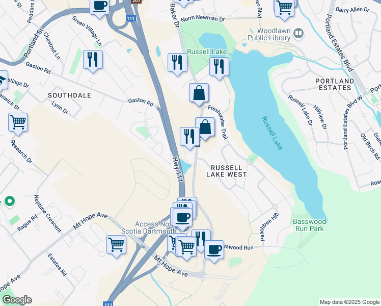 map of restaurants, bars, coffee shops, grocery stores, and more near 144 Baker Drive in Dartmouth