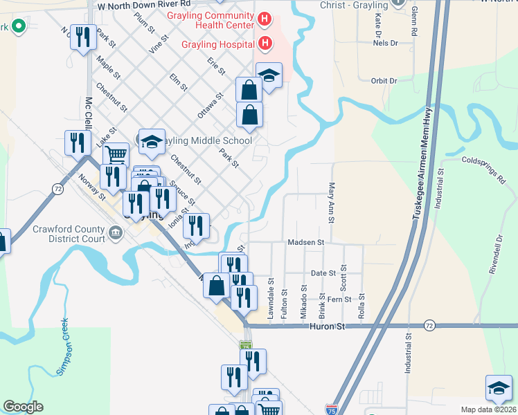 map of restaurants, bars, coffee shops, grocery stores, and more near 100 Maple Street in Grayling