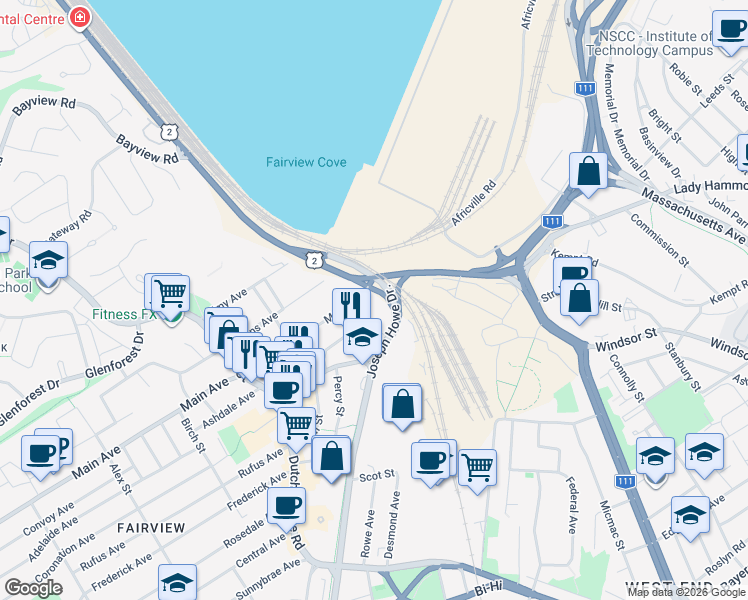 map of restaurants, bars, coffee shops, grocery stores, and more near 6 Main Avenue in Halifax