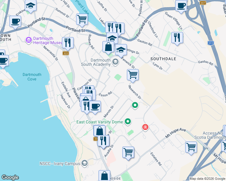 map of restaurants, bars, coffee shops, grocery stores, and more near Esson Road in Dartmouth