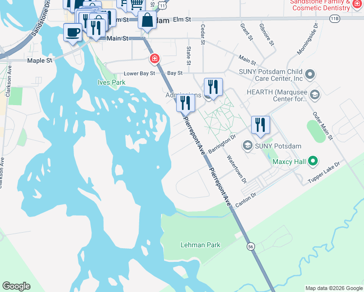 map of restaurants, bars, coffee shops, grocery stores, and more near 5-7 Barclay Street in Potsdam
