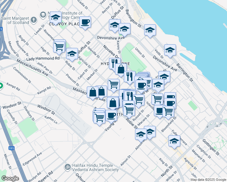 map of restaurants, bars, coffee shops, grocery stores, and more near 3202 Agricola Street in Halifax