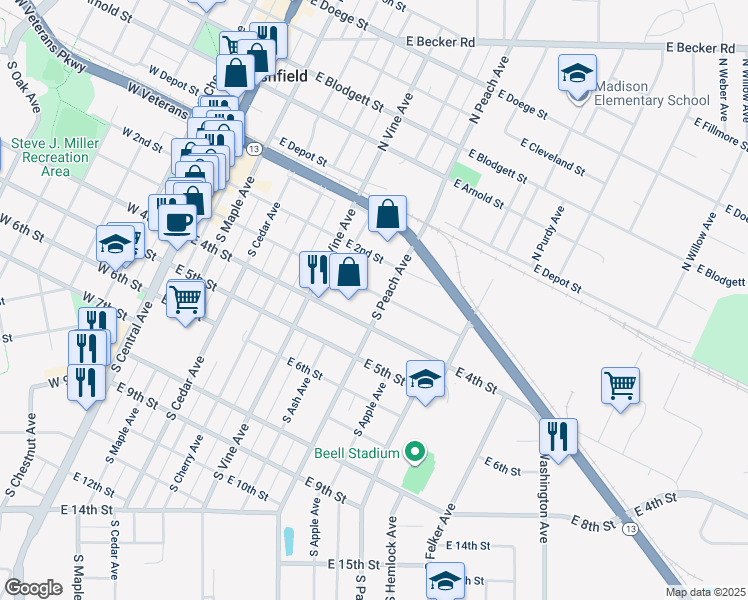 map of restaurants, bars, coffee shops, grocery stores, and more near 601 East 3rd Street in Marshfield