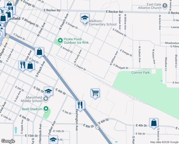 map of restaurants, bars, coffee shops, grocery stores, and more near 1309 East Depot Street in Marshfield