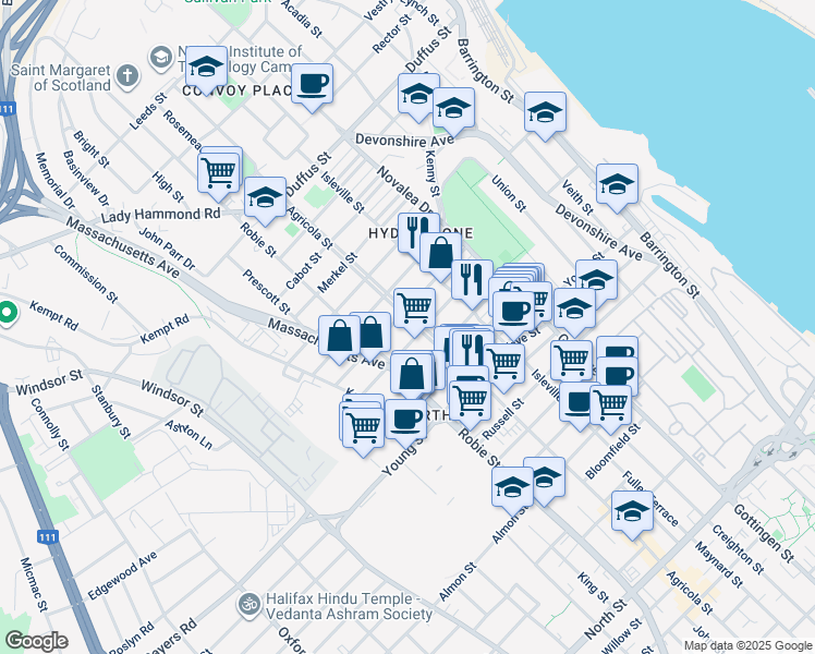 map of restaurants, bars, coffee shops, grocery stores, and more near 3216 Agricola Street in Halifax
