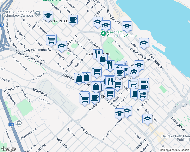 map of restaurants, bars, coffee shops, grocery stores, and more near 3216 Agricola Street in Halifax