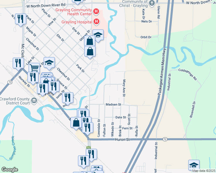 map of restaurants, bars, coffee shops, grocery stores, and more near 306 Knight Street in Grayling