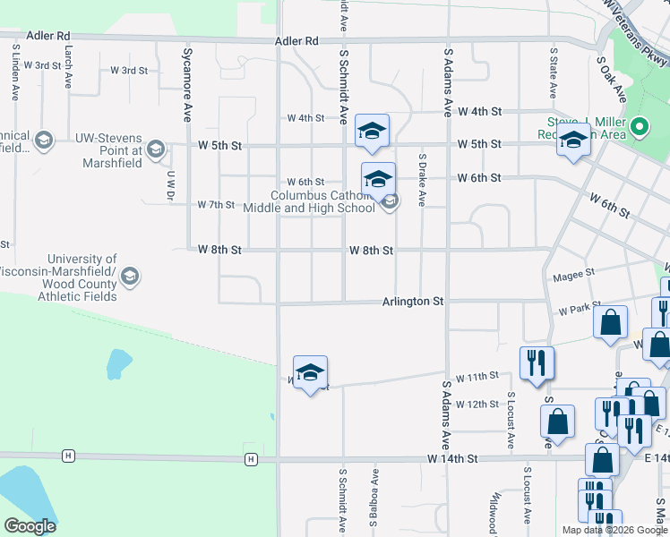 map of restaurants, bars, coffee shops, grocery stores, and more near 1408 West 8th Street in Marshfield