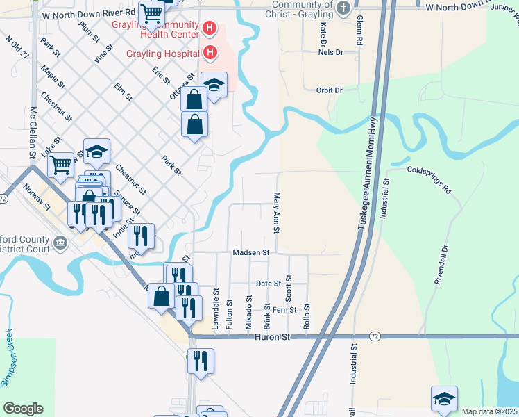 map of restaurants, bars, coffee shops, grocery stores, and more near 402 Knight Street in Grayling