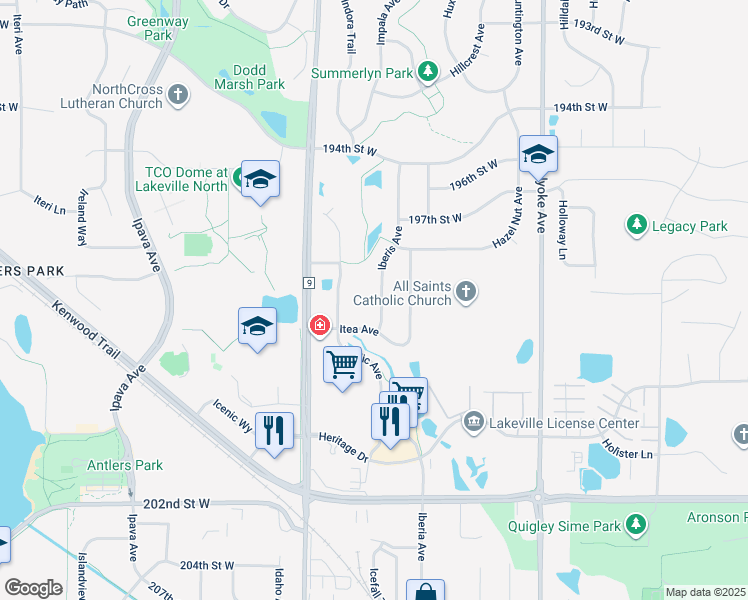 map of restaurants, bars, coffee shops, grocery stores, and more near 19843 Iberis Avenue in Lakeville