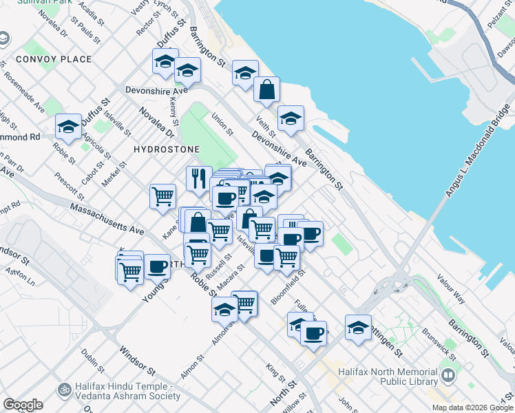 map of restaurants, bars, coffee shops, grocery stores, and more near 5450 Kaye Street in Halifax