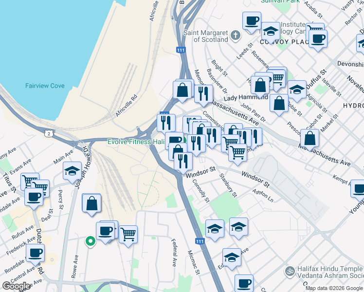 map of restaurants, bars, coffee shops, grocery stores, and more near 3667 Strawberry Hill Street in Halifax