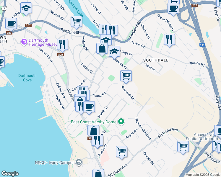 map of restaurants, bars, coffee shops, grocery stores, and more near 81 Esson Road in Dartmouth