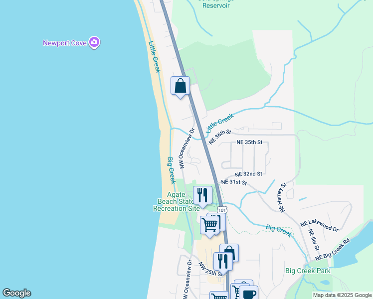 map of restaurants, bars, coffee shops, grocery stores, and more near 3420 Northwest Oceanview Drive in Newport