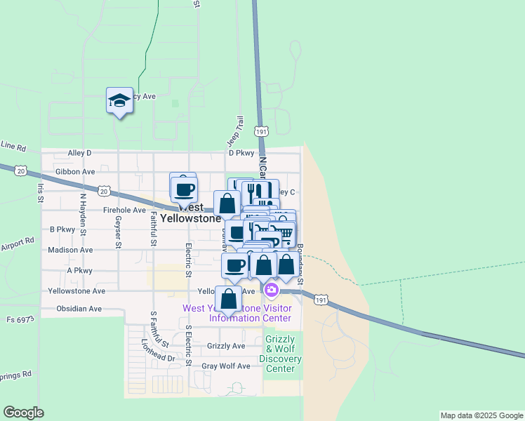 map of restaurants, bars, coffee shops, grocery stores, and more near North Canyon Street in West Yellowstone