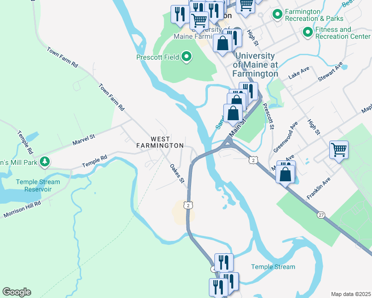 map of restaurants, bars, coffee shops, grocery stores, and more near 102 Thomas McClellan Road in Farmington