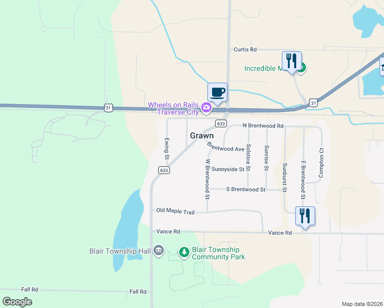 map of restaurants, bars, coffee shops, grocery stores, and more near 1703 County Road 633 in Grawn