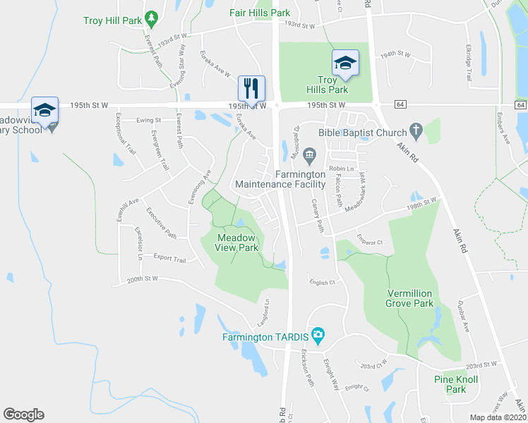 map of restaurants, bars, coffee shops, grocery stores, and more near 19735 Escalade Way in Farmington
