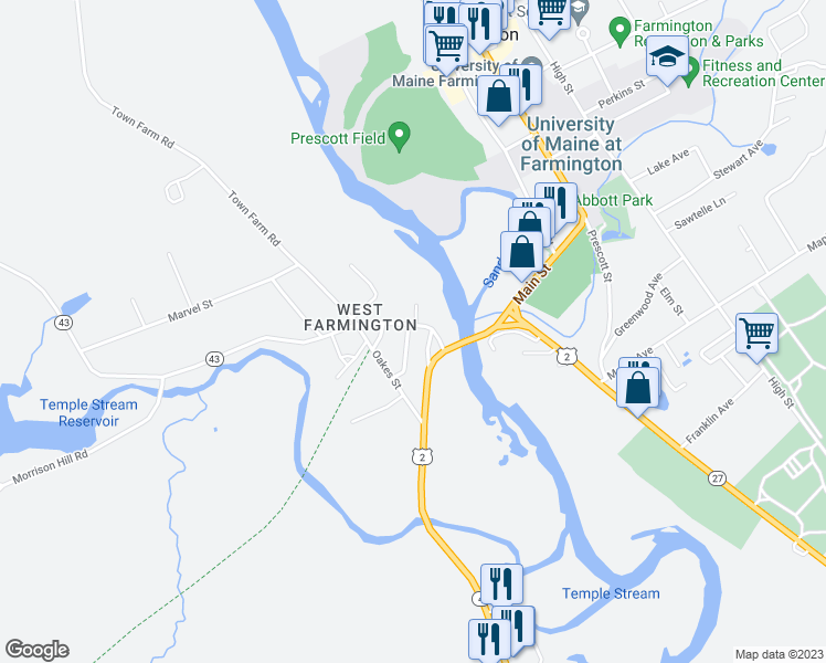 map of restaurants, bars, coffee shops, grocery stores, and more near 102 Thomas McClellan Road in Farmington