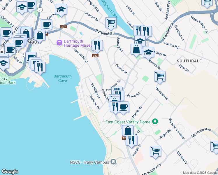 map of restaurants, bars, coffee shops, grocery stores, and more near 17 Cameron Street in Dartmouth