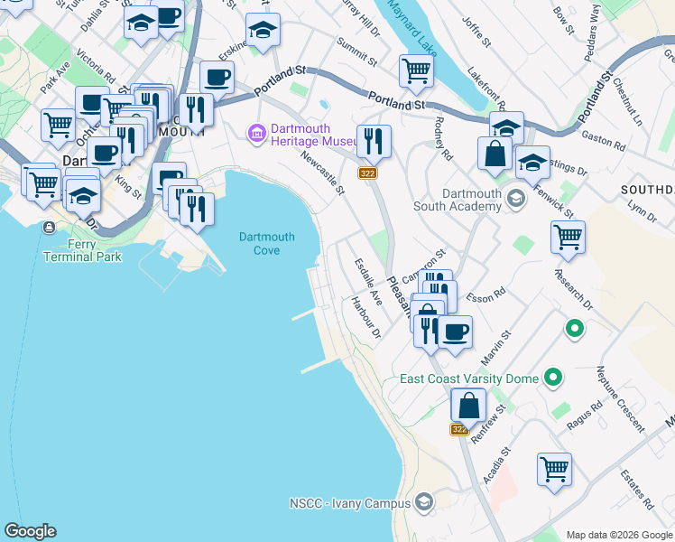 map of restaurants, bars, coffee shops, grocery stores, and more near 3 Maplehurst Drive in Dartmouth