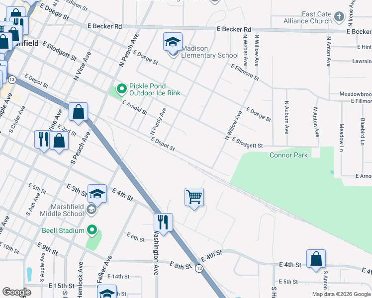 map of restaurants, bars, coffee shops, grocery stores, and more near 1309 East Depot Street in Marshfield