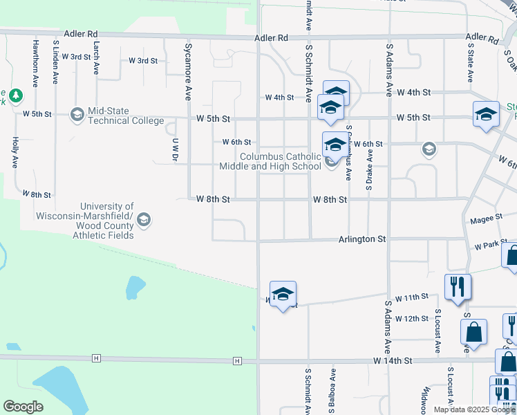 map of restaurants, bars, coffee shops, grocery stores, and more near 801 South Lincoln Avenue in Marshfield