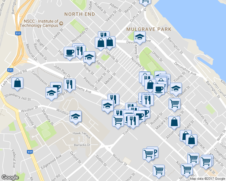 map of restaurants, bars, coffee shops, grocery stores, and more near 3283 Robie Street in Halifax