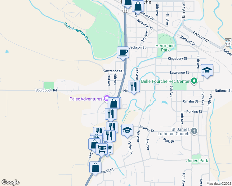 map of restaurants, bars, coffee shops, grocery stores, and more near 300-398 National St in Belle Fourche