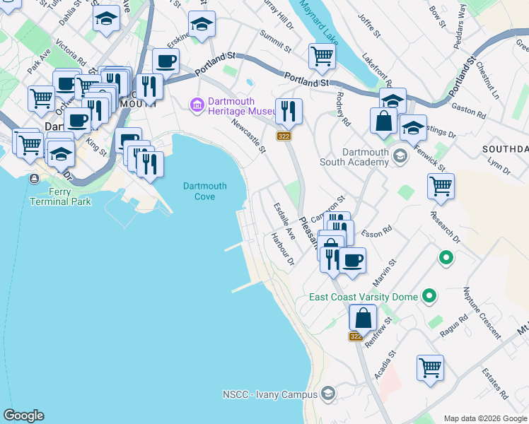 map of restaurants, bars, coffee shops, grocery stores, and more near Newcastle Street in Dartmouth