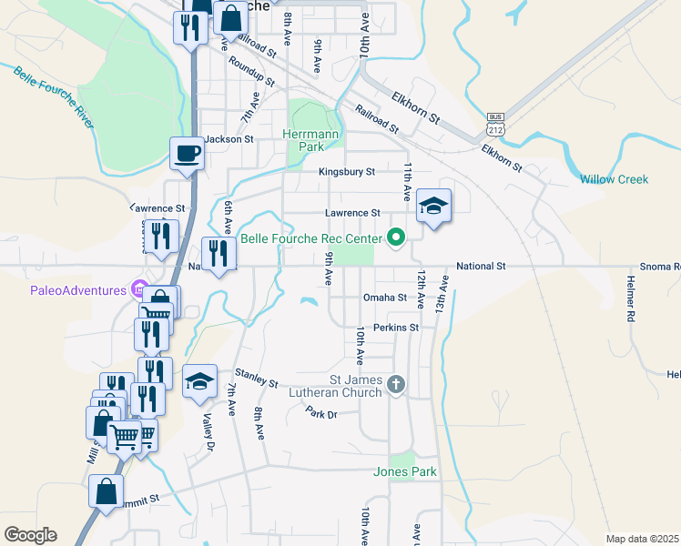 map of restaurants, bars, coffee shops, grocery stores, and more near 916-998 National Street in Belle Fourche