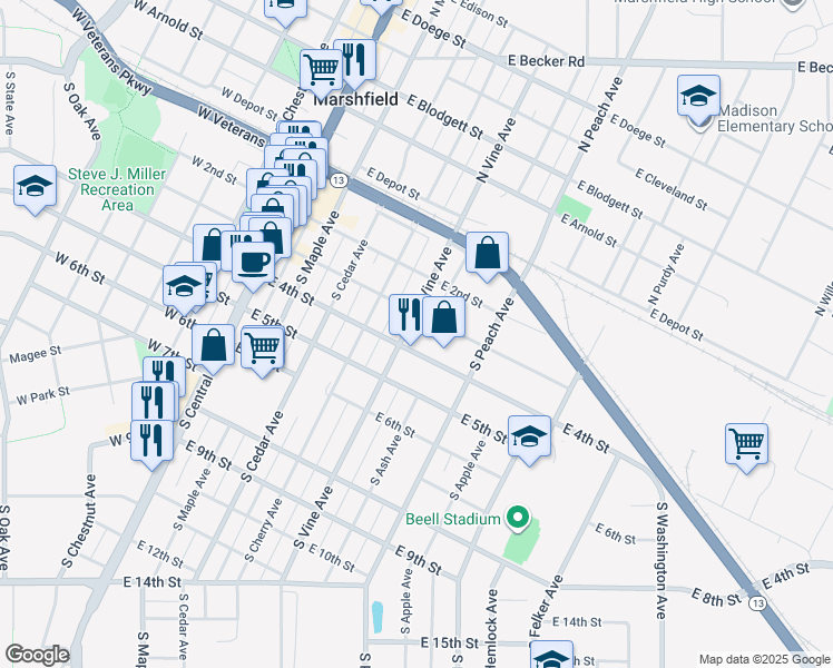 map of restaurants, bars, coffee shops, grocery stores, and more near 307 South Vine Avenue in Marshfield