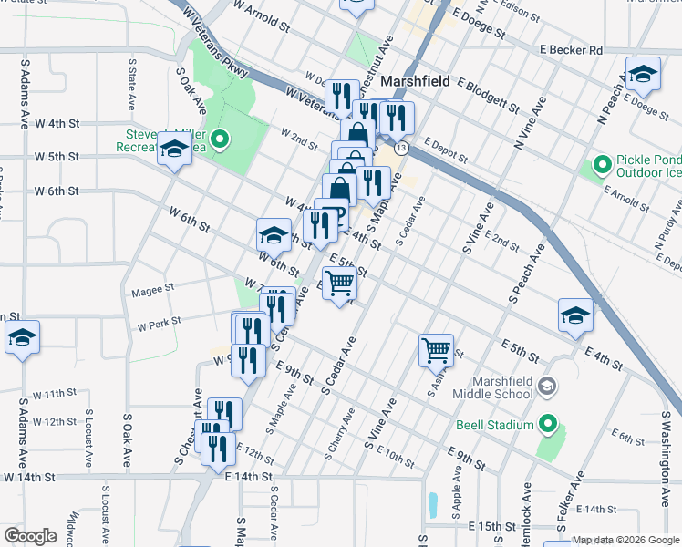 map of restaurants, bars, coffee shops, grocery stores, and more near 504 South Maple Avenue in Marshfield