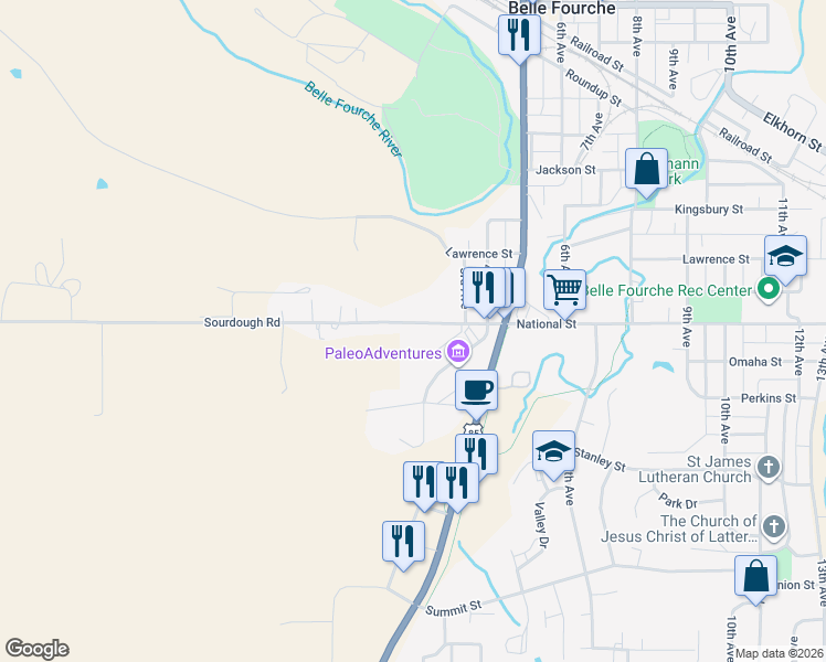 map of restaurants, bars, coffee shops, grocery stores, and more near 202-240 National Street in Belle Fourche