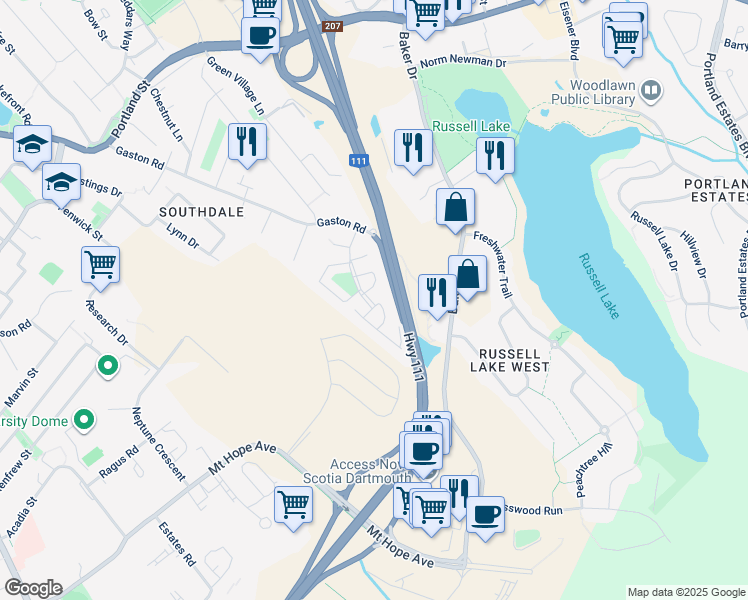 map of restaurants, bars, coffee shops, grocery stores, and more near 1 Wilson Avenue in Dartmouth