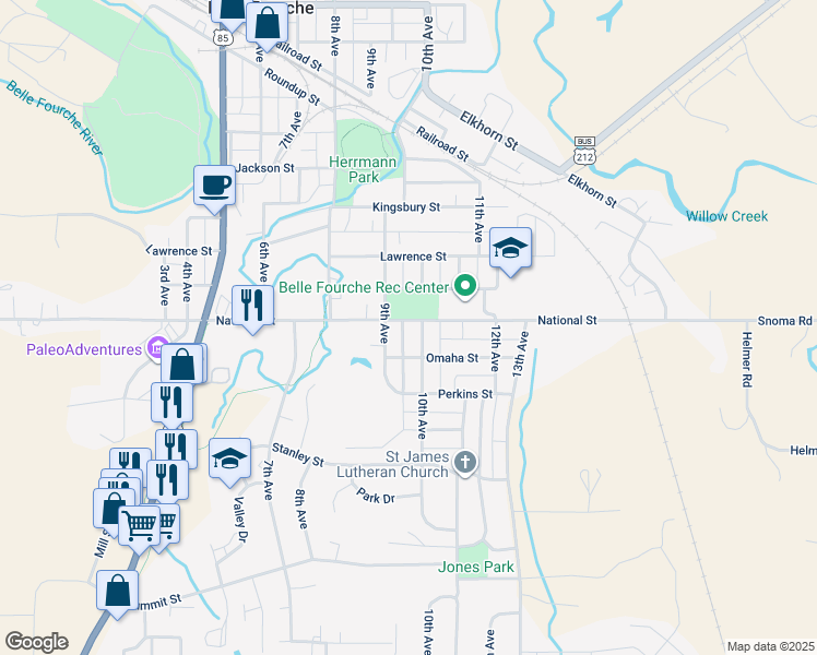map of restaurants, bars, coffee shops, grocery stores, and more near 916 National Street in Belle Fourche