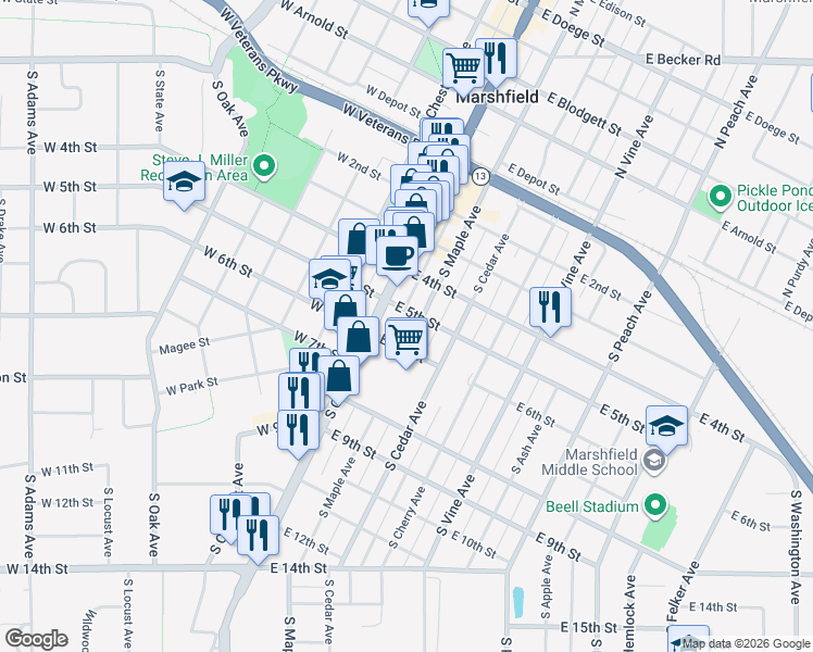 map of restaurants, bars, coffee shops, grocery stores, and more near 504 South Maple Avenue in Marshfield