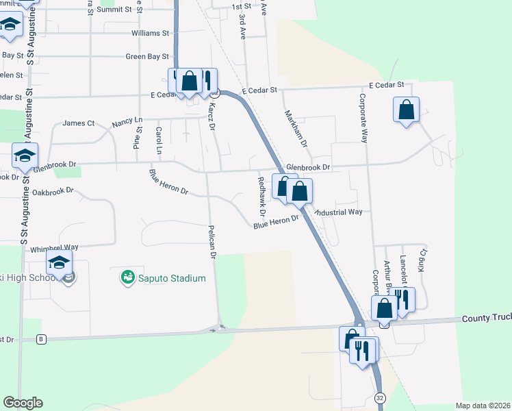 map of restaurants, bars, coffee shops, grocery stores, and more near 867 Redhawk Drive in Pulaski