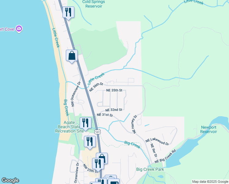 map of restaurants, bars, coffee shops, grocery stores, and more near 3448 Northeast Benton Street in Newport